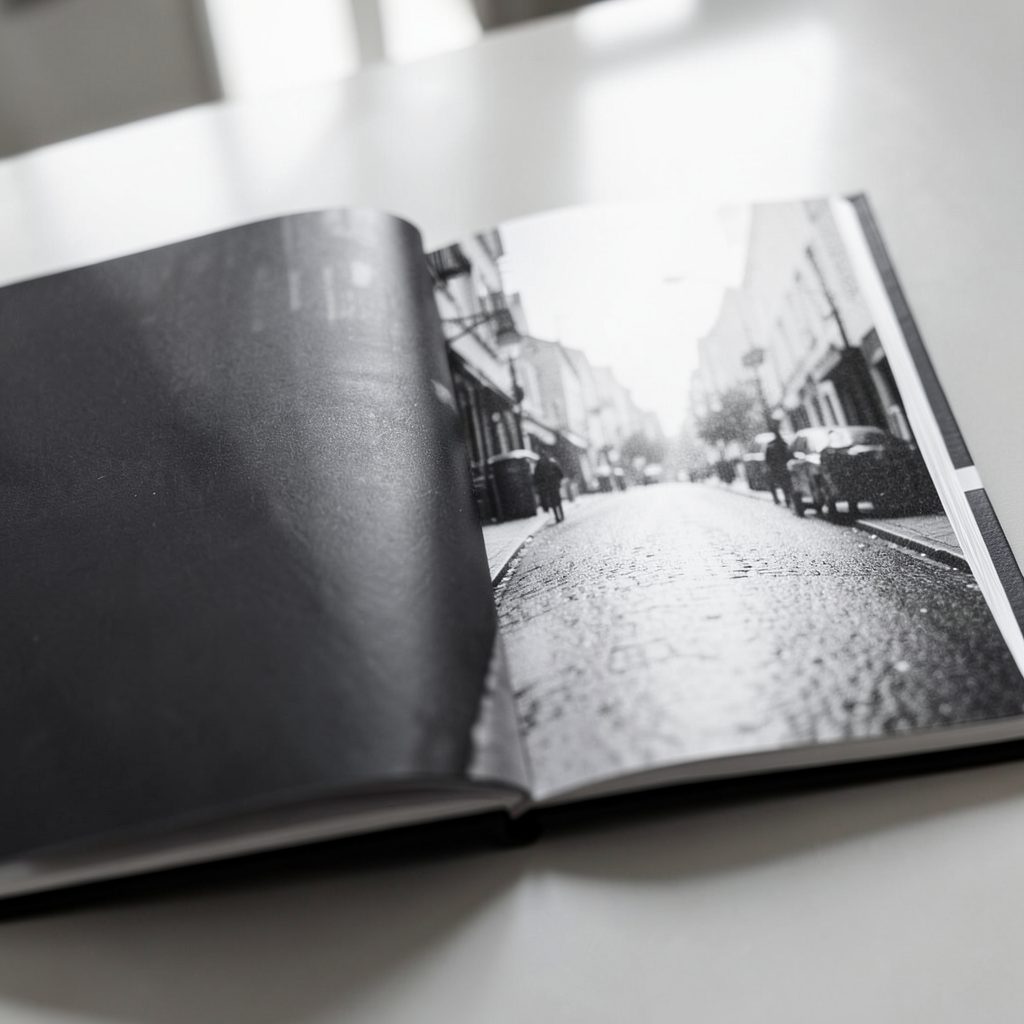 A black-and-white photography book open to a grainy street scene, the page lit by soft window light, with the book's matte cover visible in deep charcoal tones