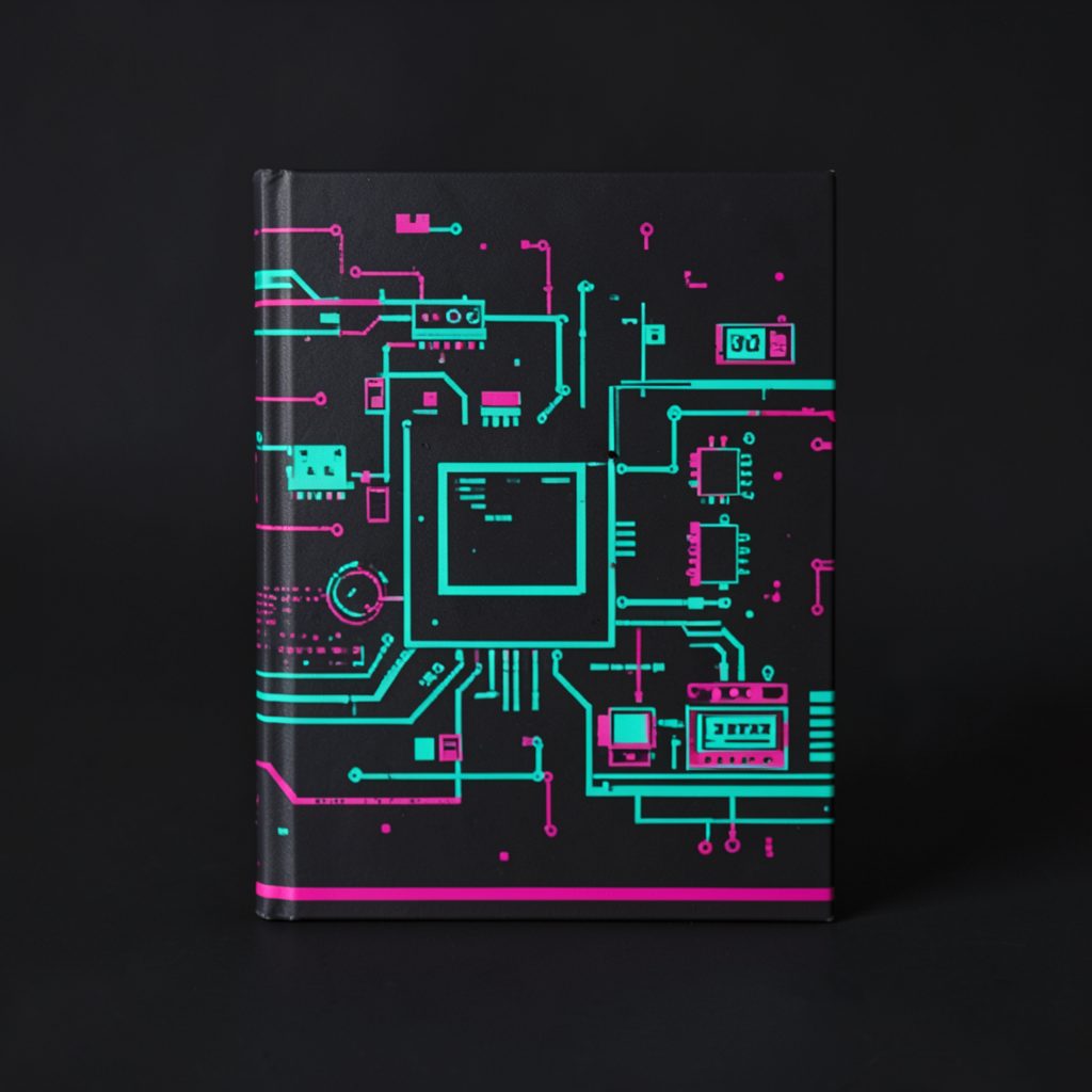 A book cover with retro computing imagery, pixelated graphics in teal and magenta against a dark background