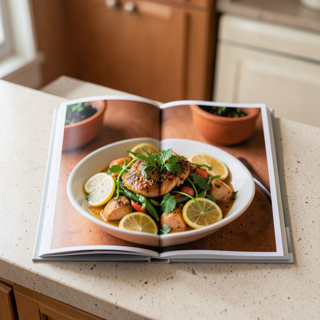 A cookbook open on a kitchen counter, showing a vibrant full-page photograph of a seasonal dish with fresh herbs and citrus, warm terracotta tones in the background