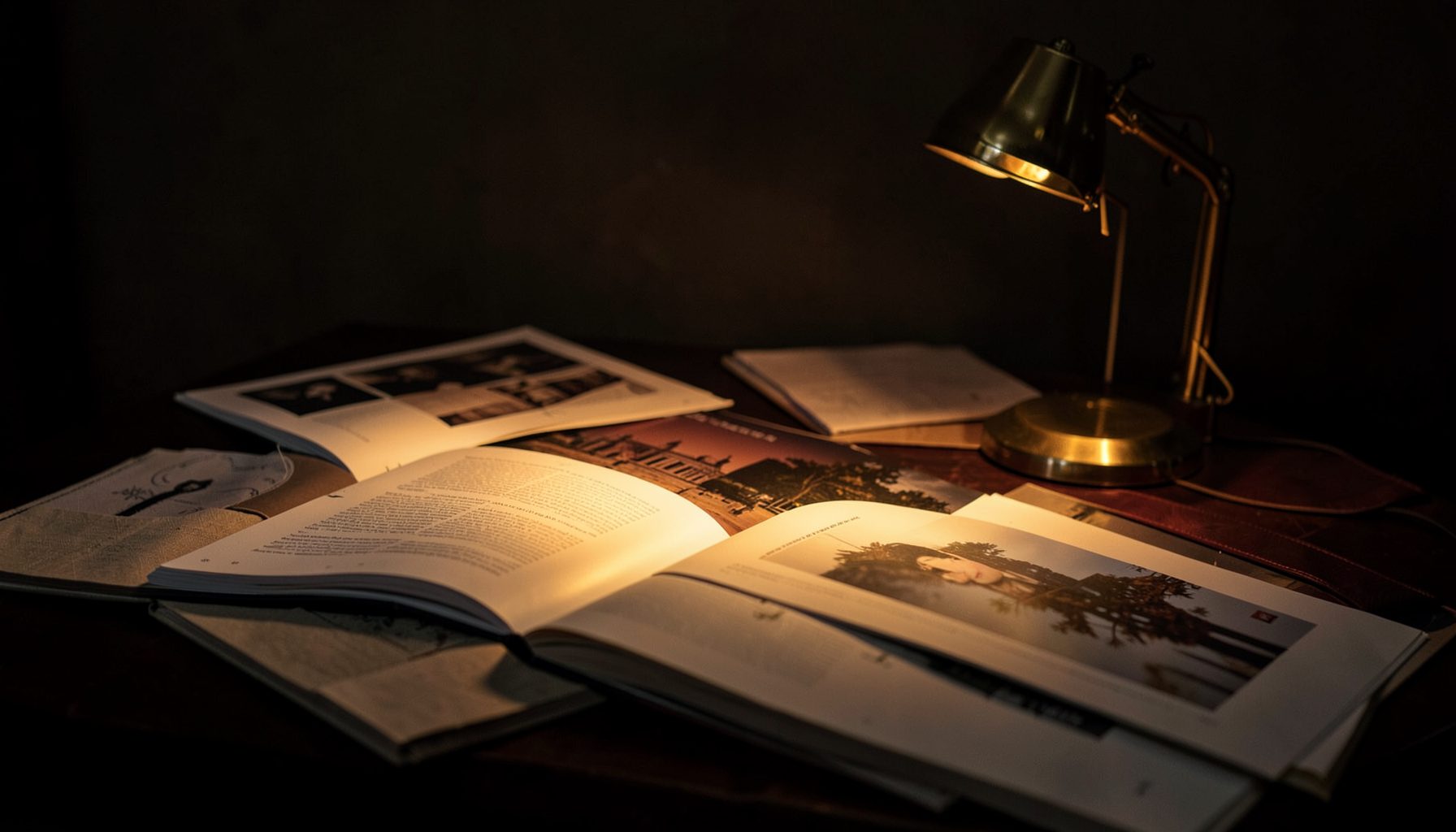 A dimly lit tabletop scattered with open design books, a brass lamp casting warm amber light across glossy pages and linen covers