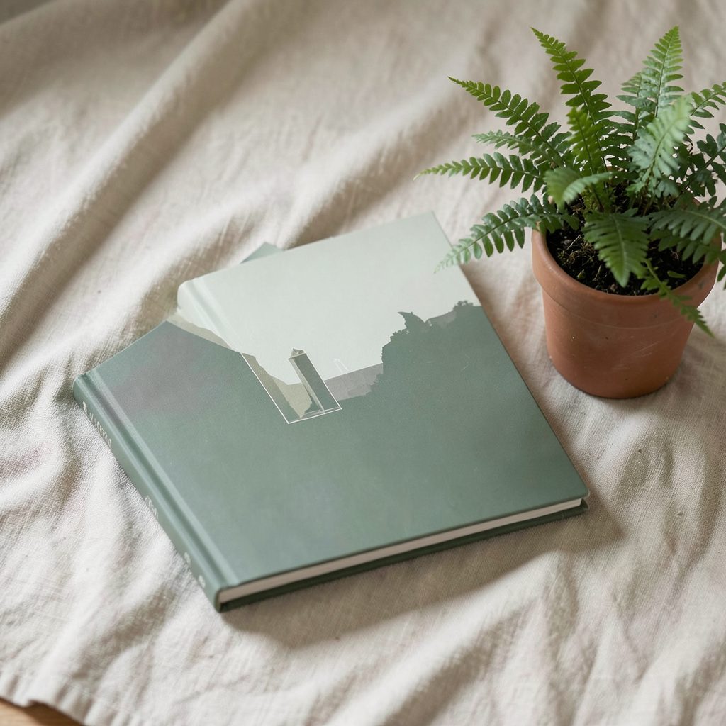 A hardcover design book resting on a linen-covered surface beside a small potted fern, soft natural light, muted greens and sandy beige