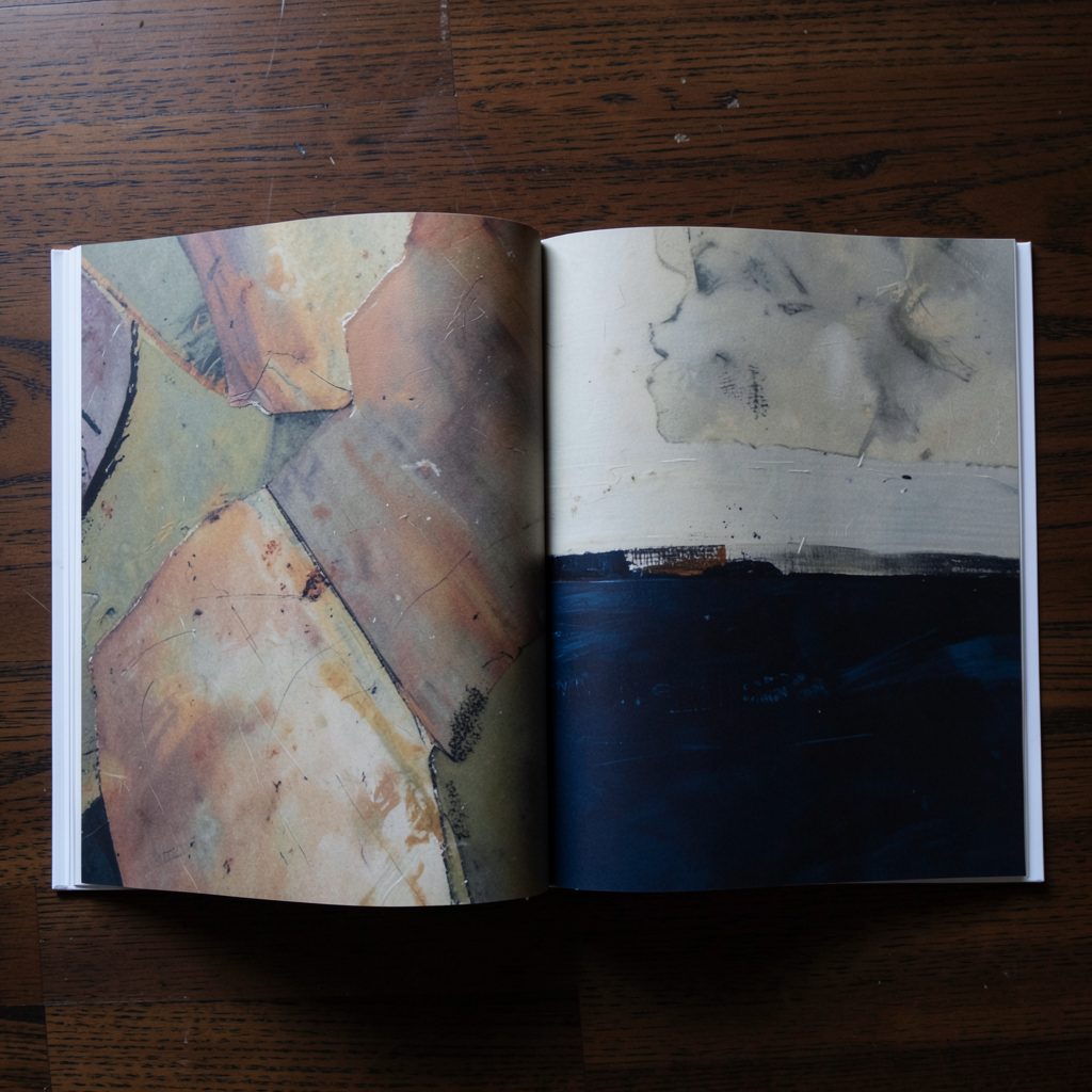 A large open art monograph resting on a dark wooden surface, a full-bleed abstract painting spread across two pages in muted earth tones and deep indigo