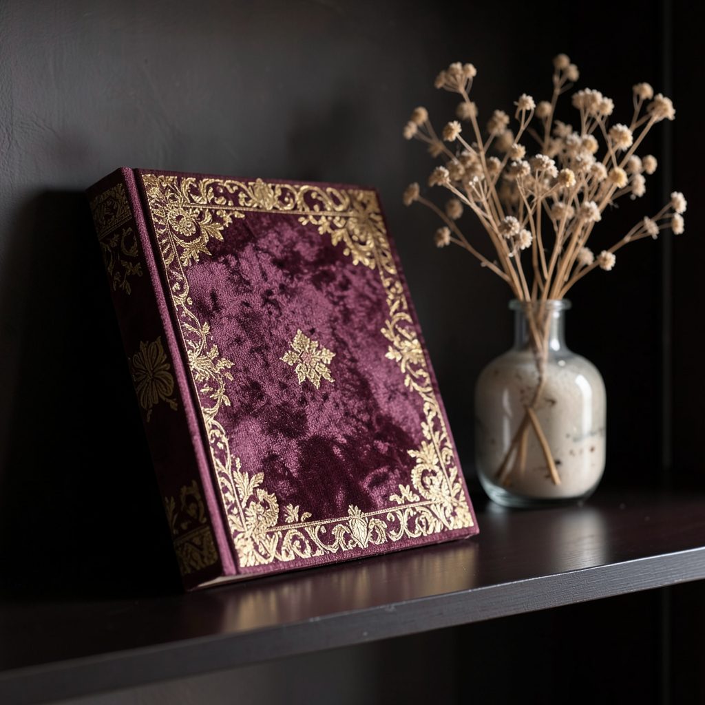 A luxurious fashion monograph with a richly textured fabric cover in deep burgundy and gold, resting on a dark shelf beside a small vase of dried flowers
