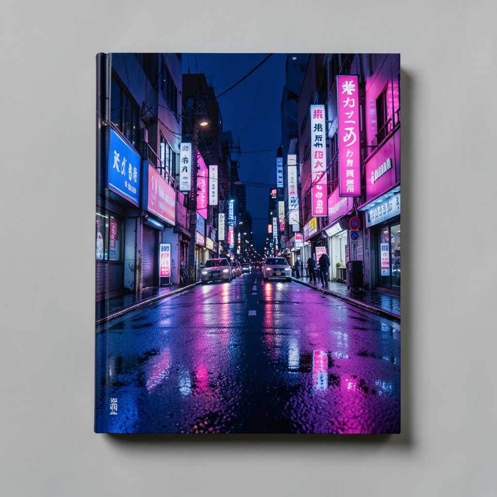 A sleek book cover with Japanese urban photography, neon signs reflecting off wet asphalt in deep indigo and electric pink