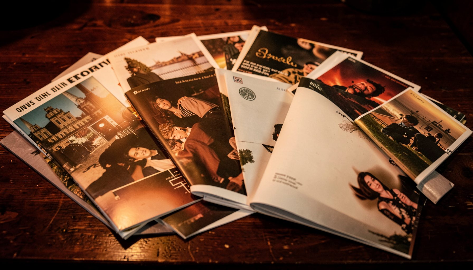 A spread of independent magazines and zines fanned across a dark wooden table, warm amber light catching glossy covers and matte pages