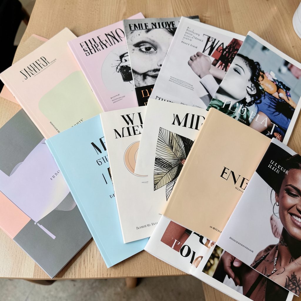 A spread of independent magazines fanned out on a table, their covers a mix of matte pastels, bold typography, and abstract photography, overlapping casually