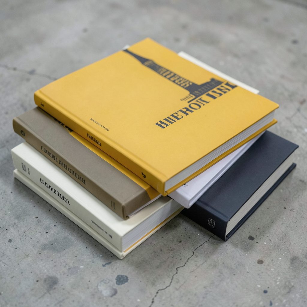 A stack of design books with bold graphic covers in mustard yellow, off-white, and charcoal, arranged on a concrete surface with a vintage typography specimen peeking out