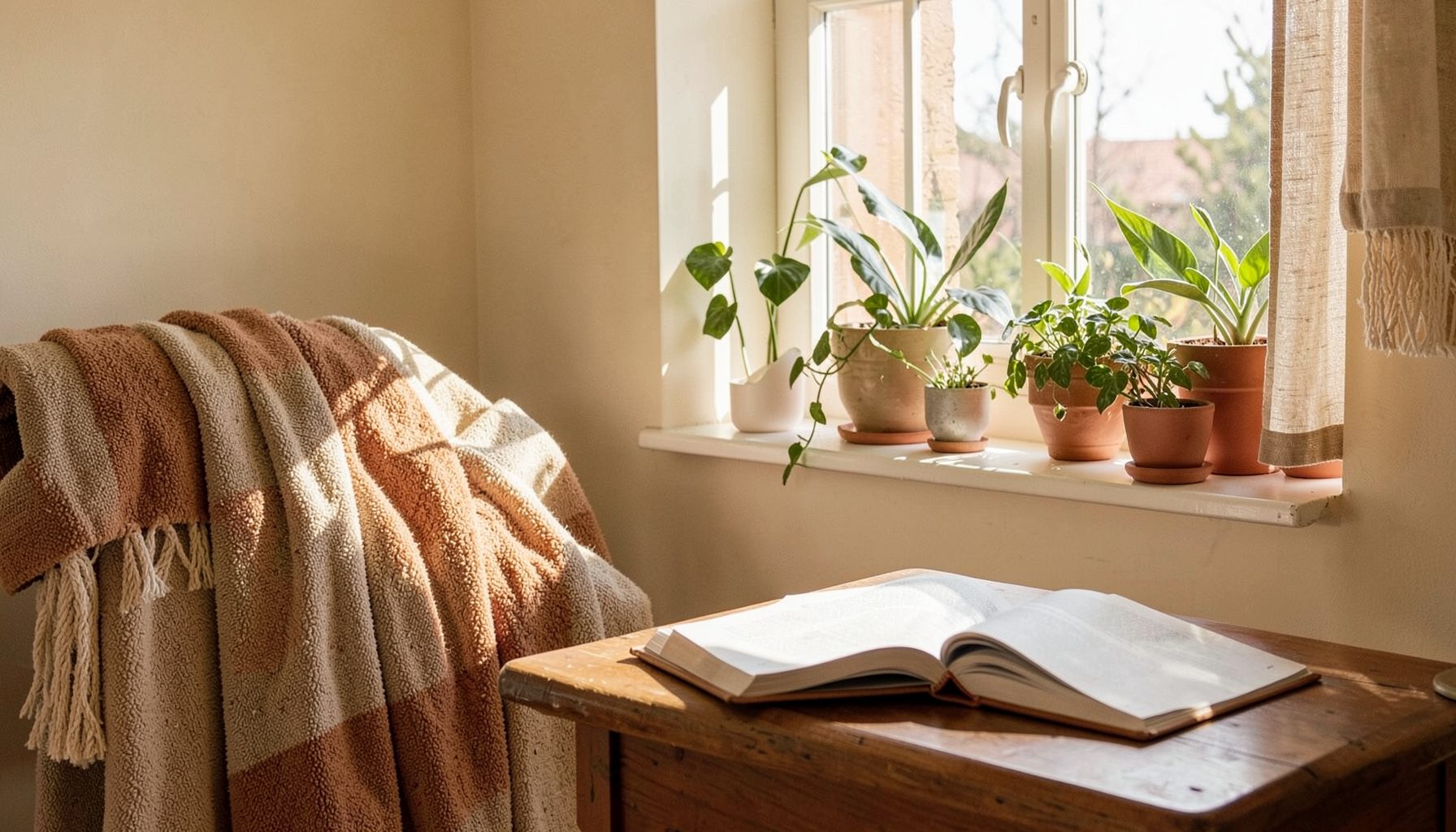 A sunlit interior room with layered textiles, houseplants on a windowsill, and an open book on a wooden table, warm cream and terracotta tones