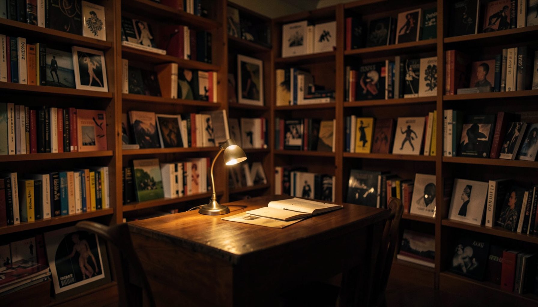 A warm, moody interior of a bookshop at dusk, shelves lined with art and design books, soft amber glow from a table lamp casting long shadows across a wooden reading table