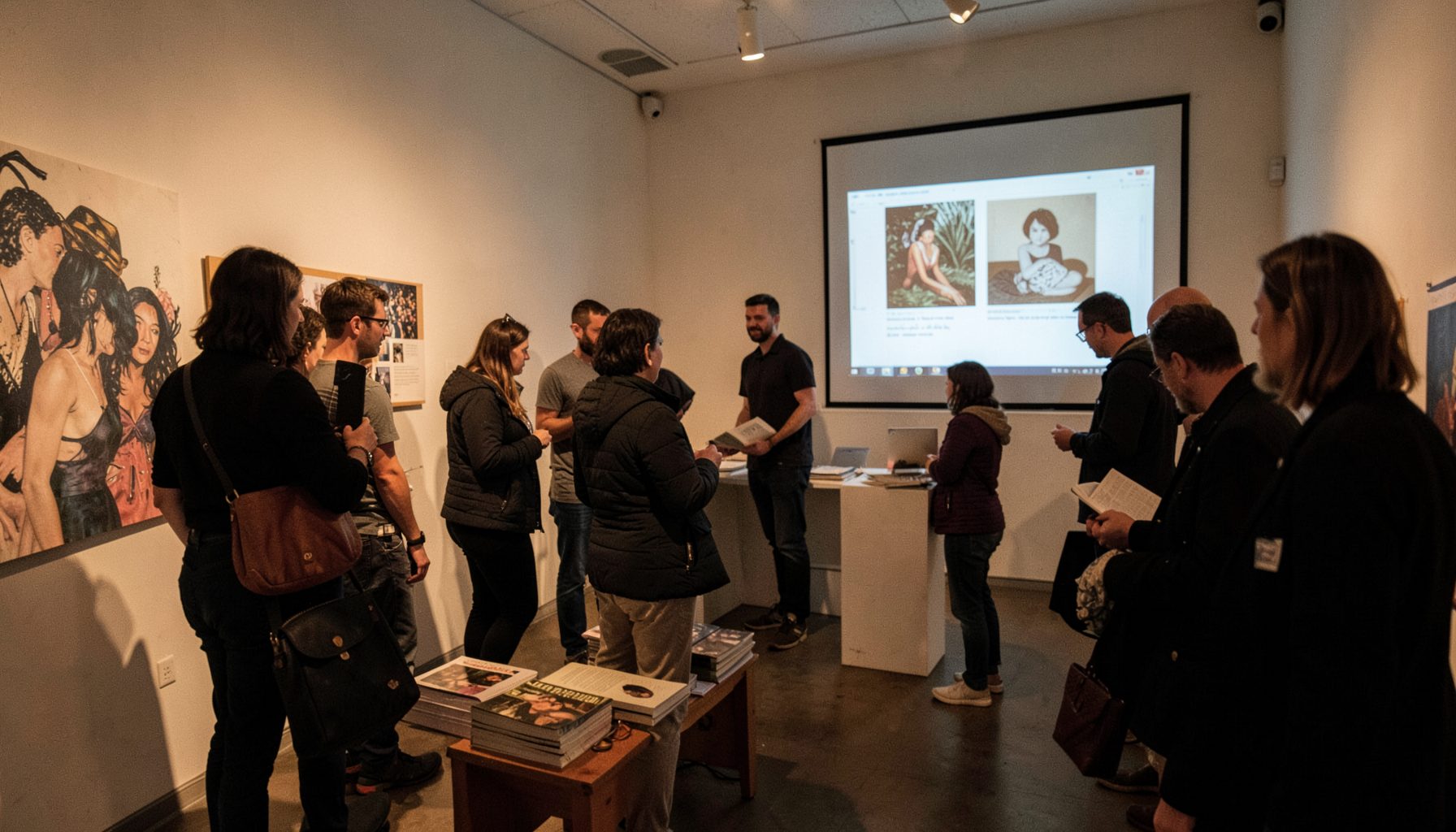 A warmly lit gallery corner with a small gathering of people browsing books, a projector screen showing artwork in the background, intimate and cultural atmosphere