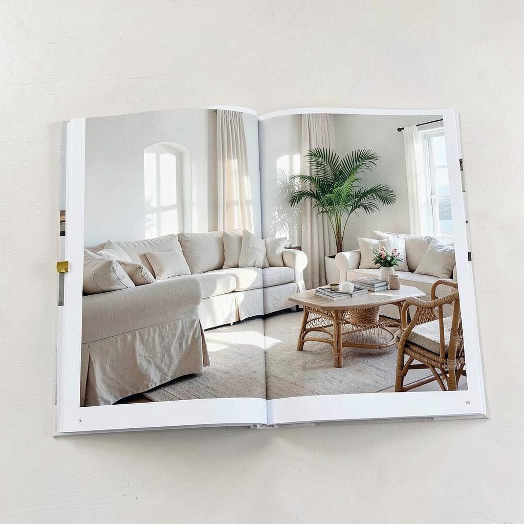 An interiors book open to a sun-drenched coastal living room, pale linen upholstery and rattan furniture against whitewashed walls, a potted palm in the corner