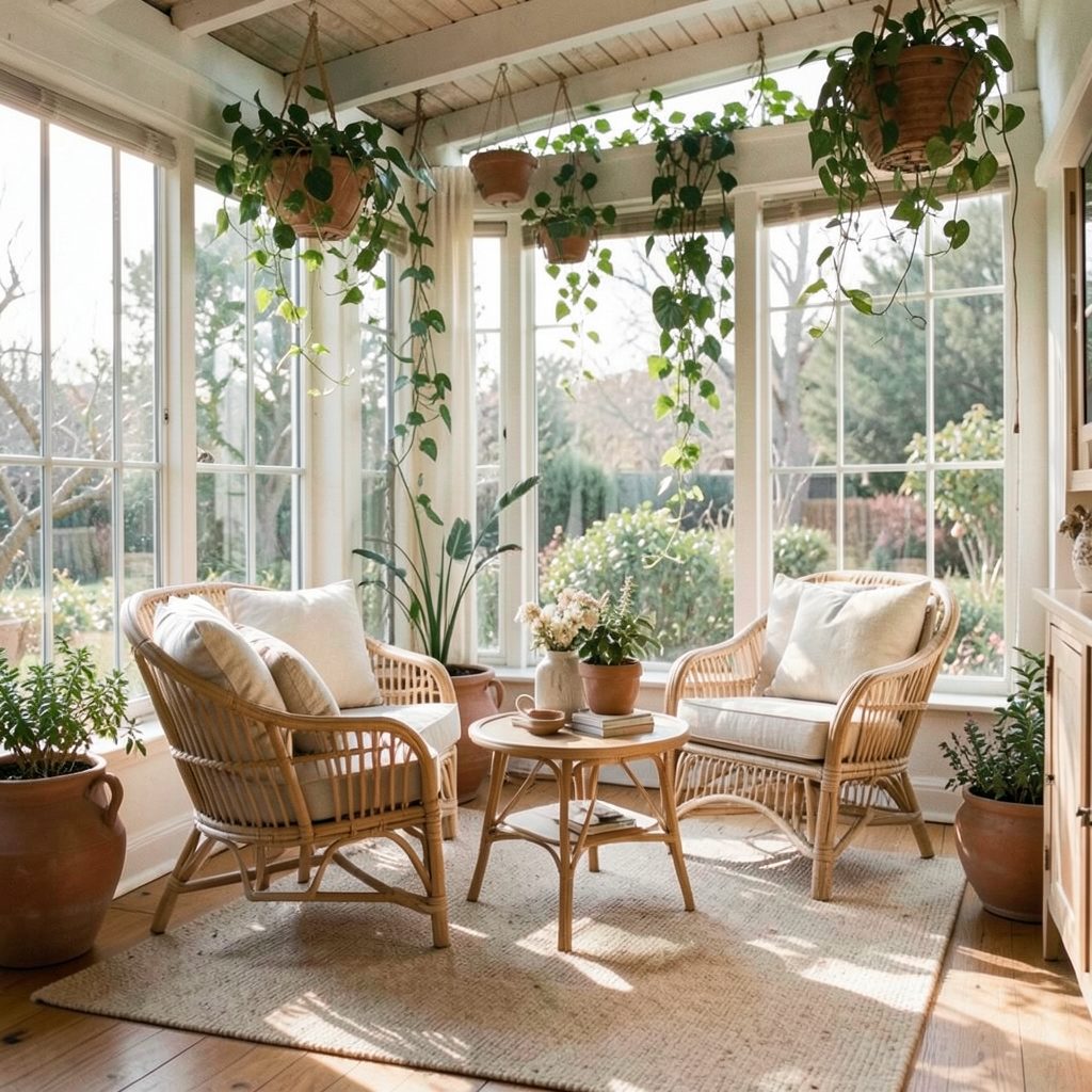 Book cover featuring an airy sunroom with rattan furniture and trailing plants, warm neutrals