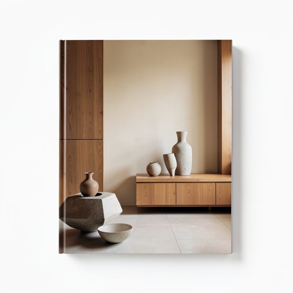 Book cover showing a minimalist interior with sculptural ceramics and warm wood tones