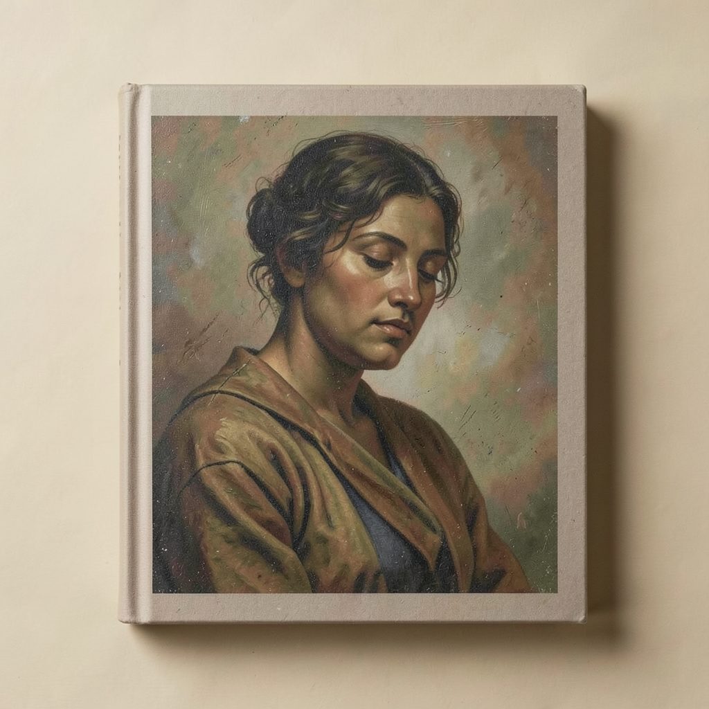 Book cover with a contemplative figurative painting in muted earth tones, academic and restrained