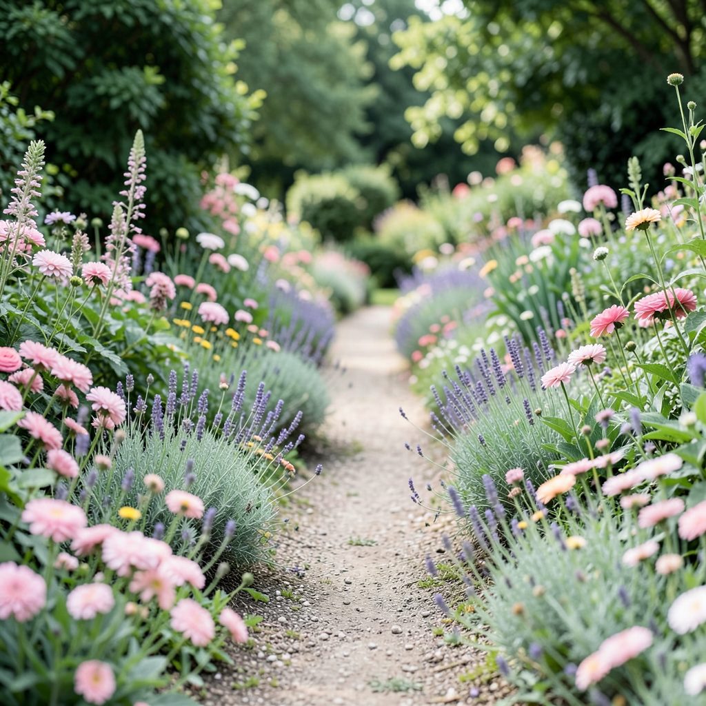 Book cover with a lush garden path bordered by flowering perennials, soft pinks and sage greens