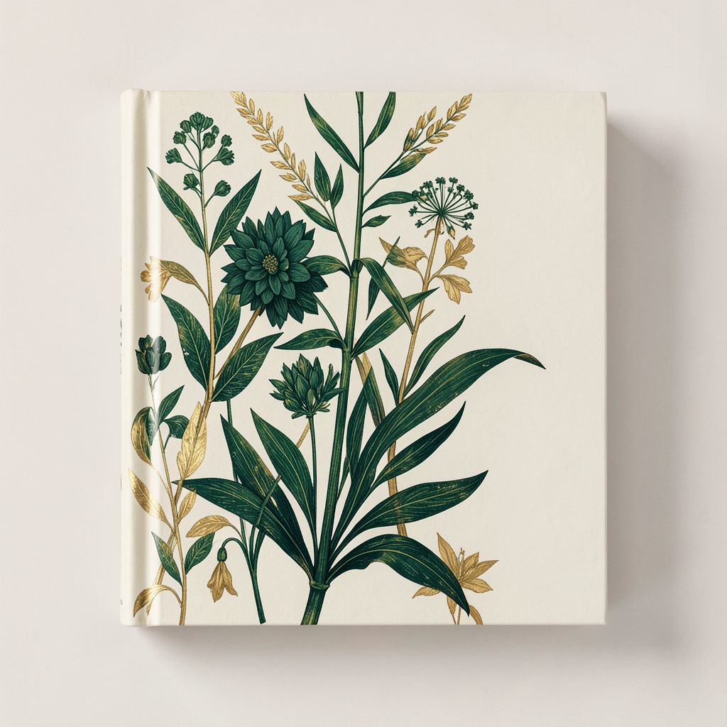 Book cover with botanical illustration in deep greens and gold on a cream background
