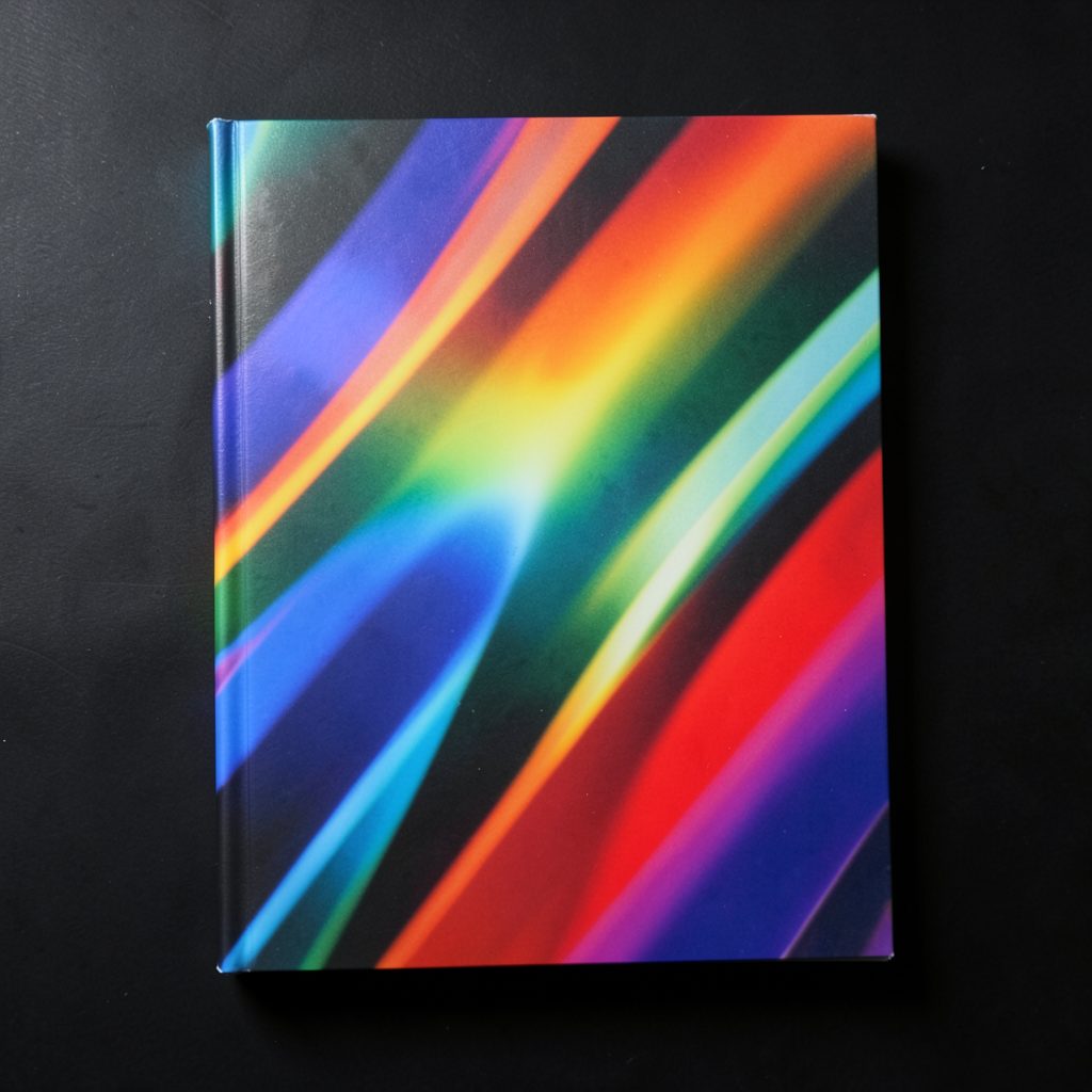 Book cover with rainbow-hued abstract streaks on a dark surface, evoking experimental photography