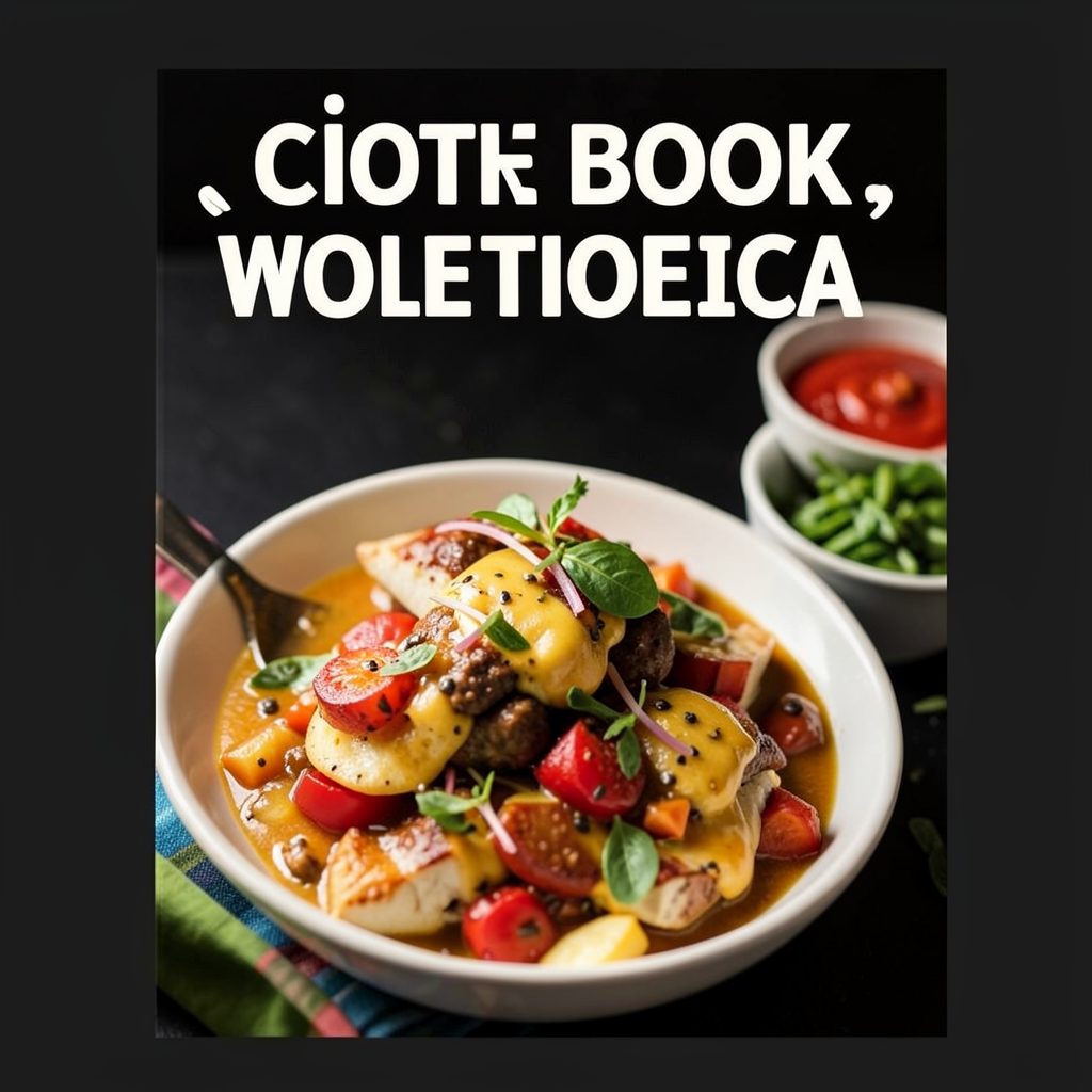 Cookbook cover with bold typography and vibrant food photography on a dark background