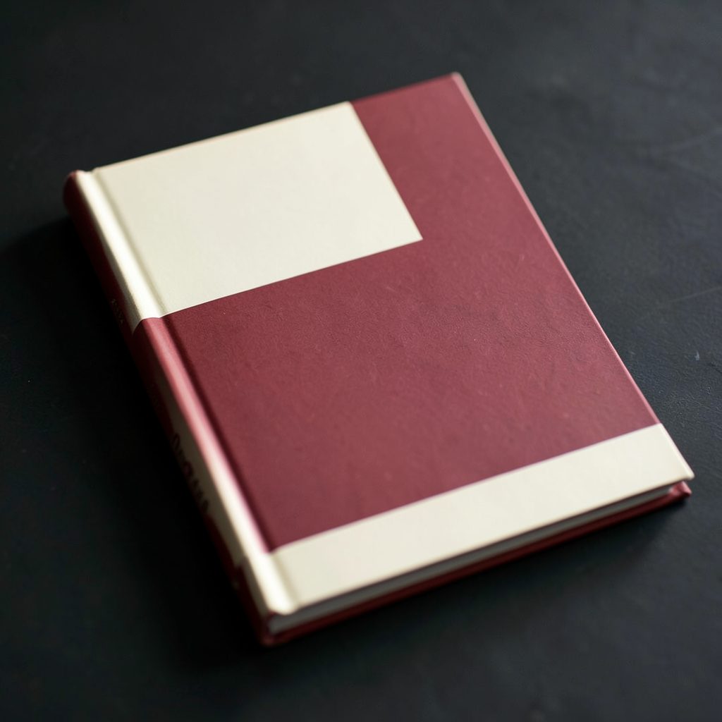 Cookbook with a minimalist cover, cream and deep red tones, resting on a dark surface