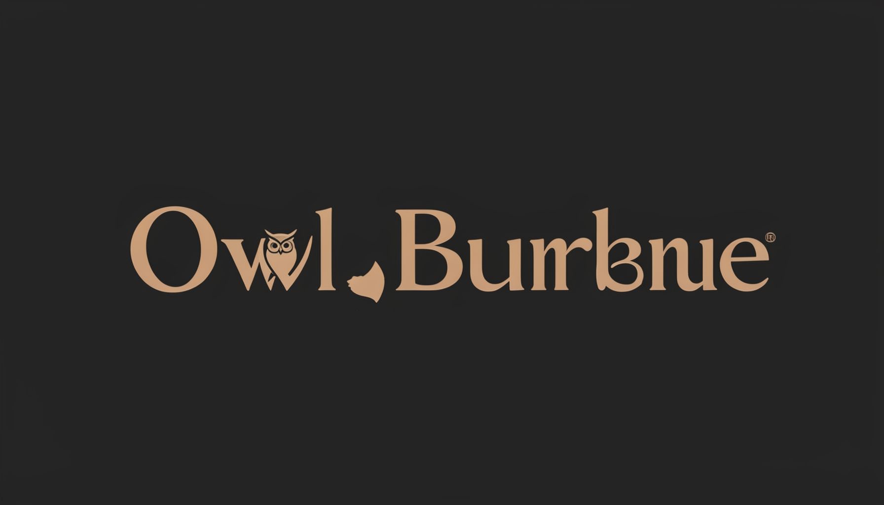Owl Bureau wordmark in warm tan on a dark background, elegant serif lettering with a small owl silhouette