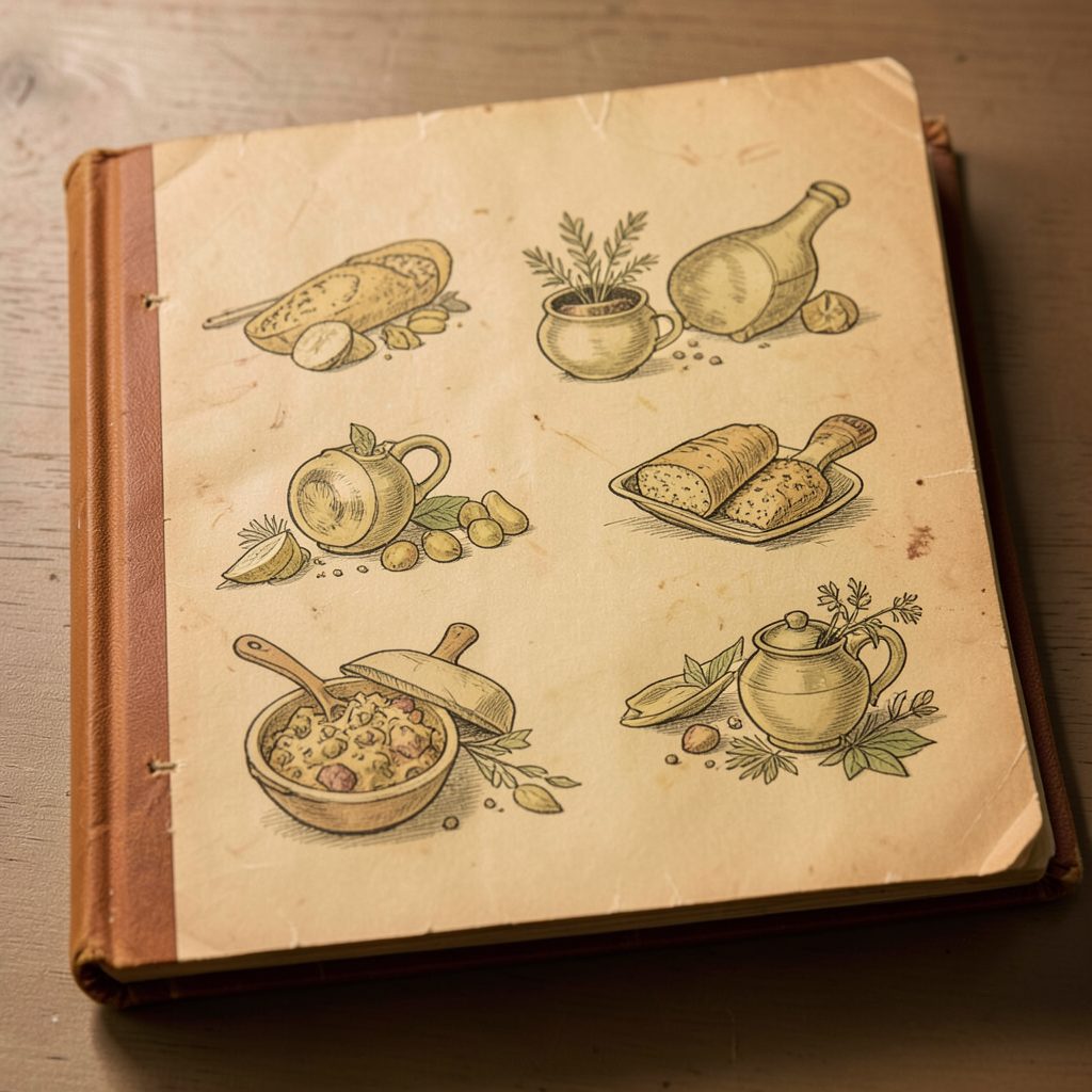 Vintage-style cookbook with hand-drawn illustrations, warm ochre and olive tones