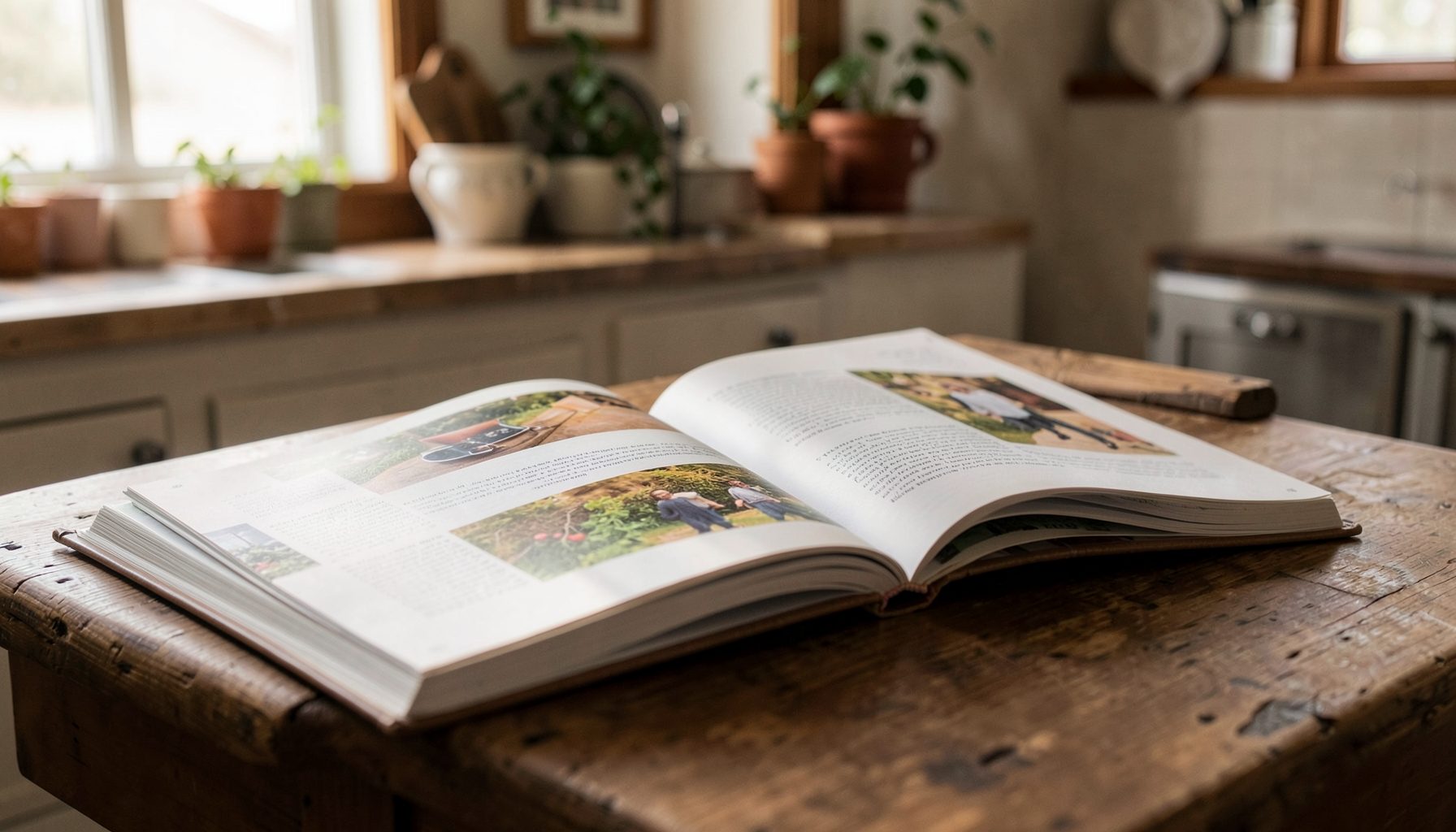 Warm kitchen scene with open cookbooks on a wooden table, soft natural light, earthy tones