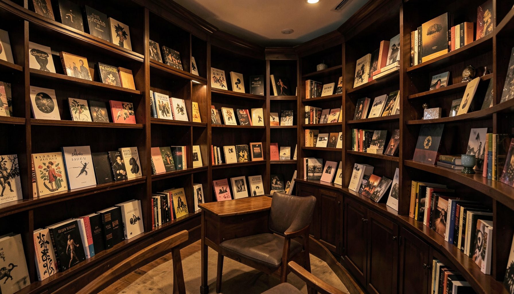 Warmly lit interior of a bookshop with dark wood shelves filled with art and design books, soft amber lighting, and a calm inviting atmosphere